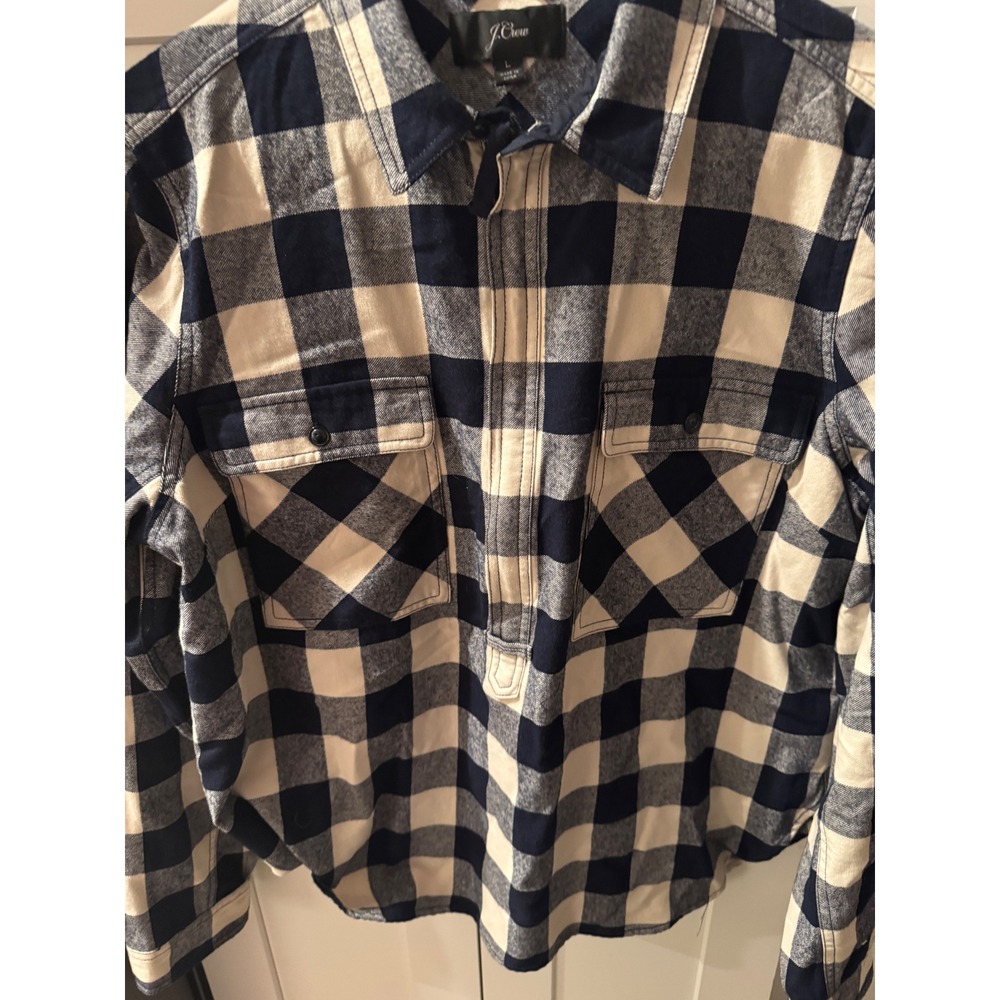 J Crew Women's Navy‎ Cream Buffalo Plaid Quarter Zip Flannel Shirt Size Large
